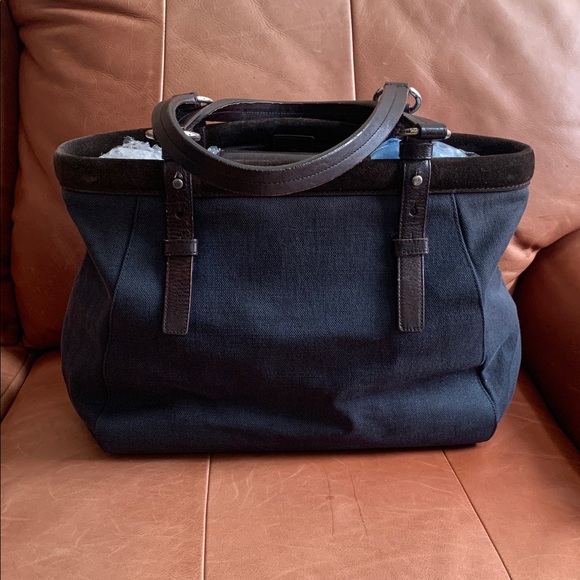 💙🤎Stylish Yves Saint Laurent Navy Canvas and Brown Suede Trim Tote Bag🤎💙 - Picture 4 of 13